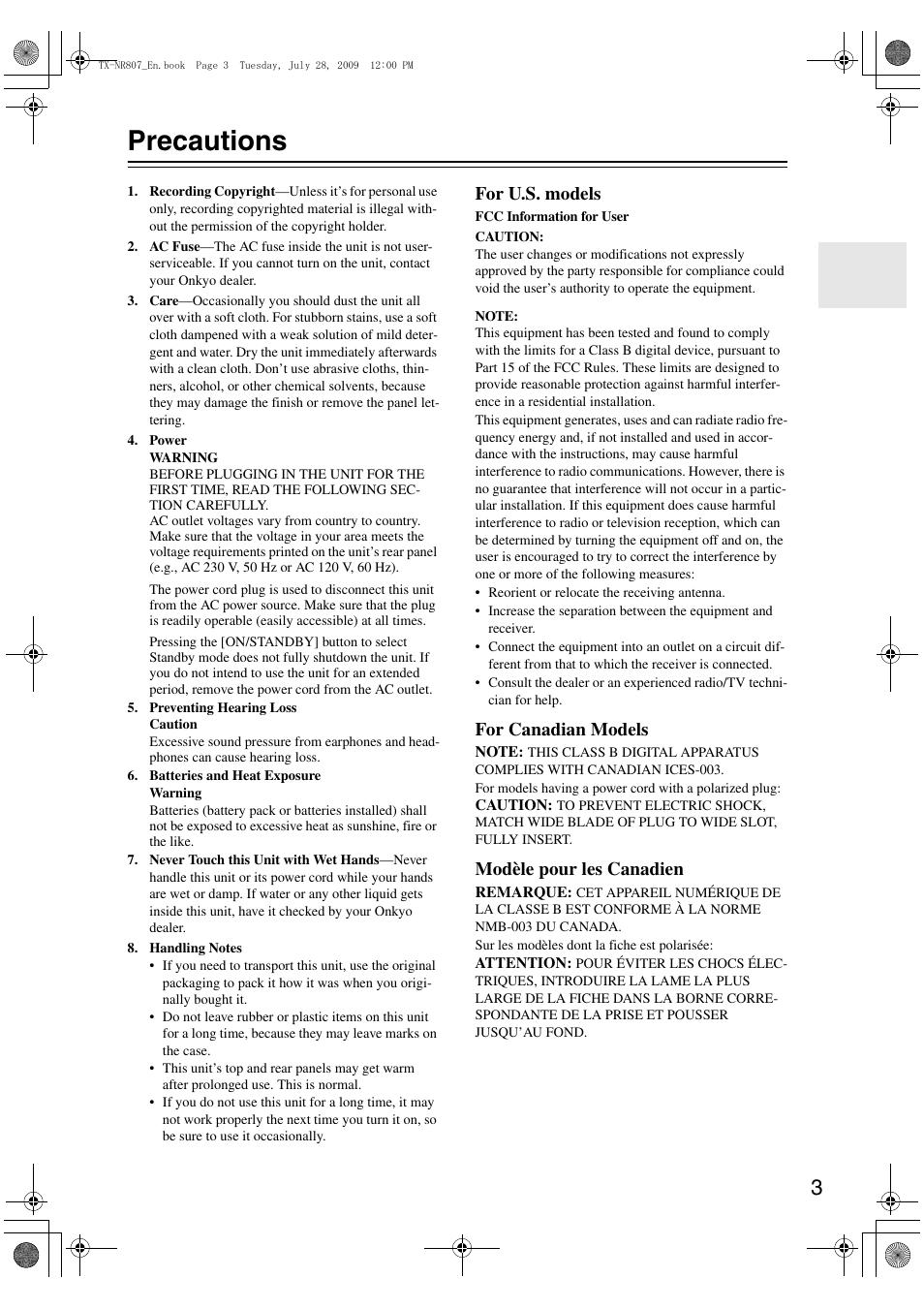 Precautions, For u.s. models, For canadian models | Modèle pour les canadien | Onkyo HT-RC180 User Manual | Page 3 / 148