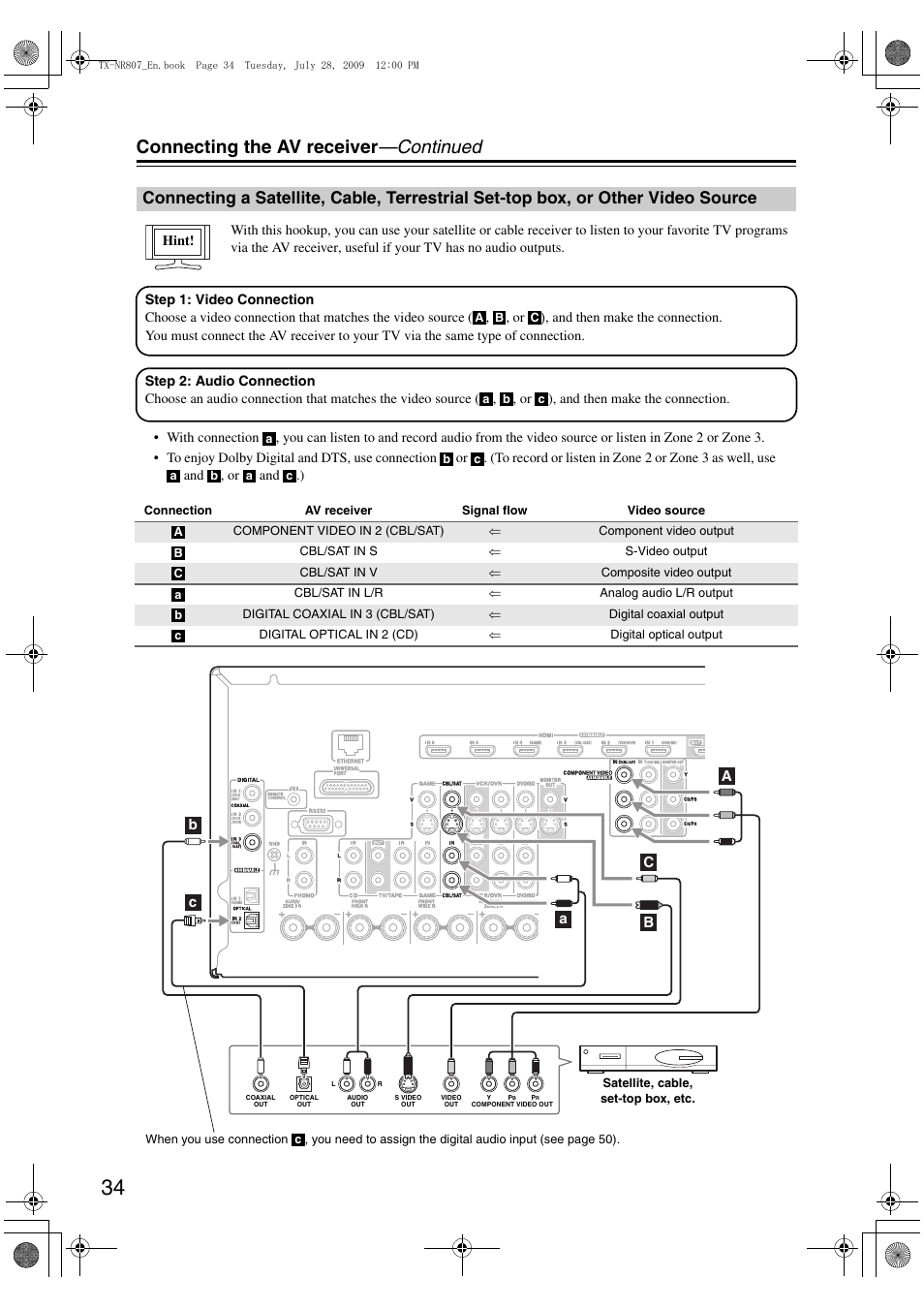 Connecting a satellite, cable, terrestrial, Set-top box, or other video source, Connecting the av receiver —continued | Onkyo HT-RC180 User Manual | Page 34 / 148