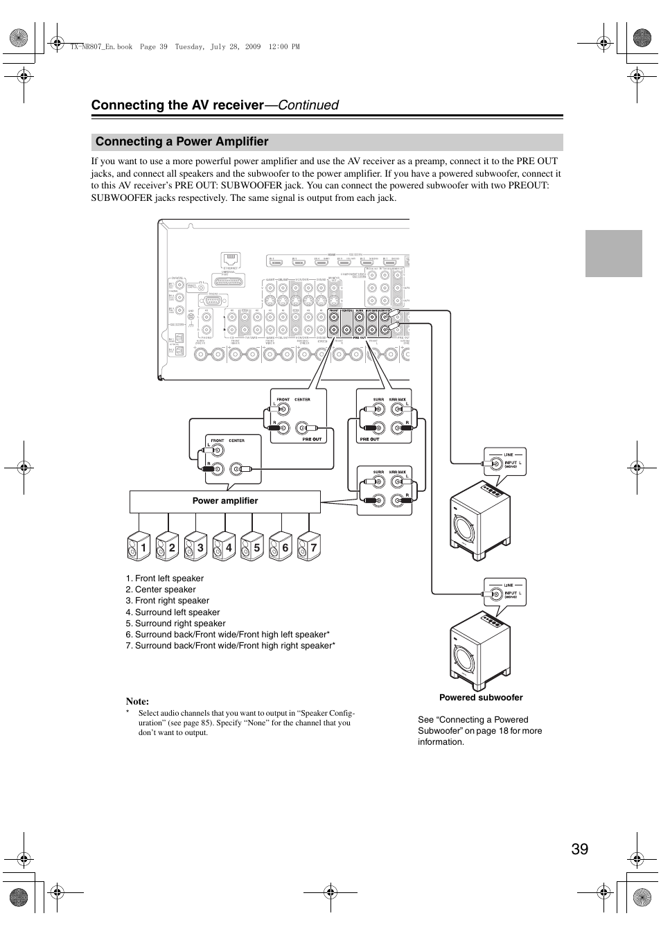 Connecting a power amplifier, Connecting the av receiver —continued | Onkyo HT-RC180 User Manual | Page 39 / 148