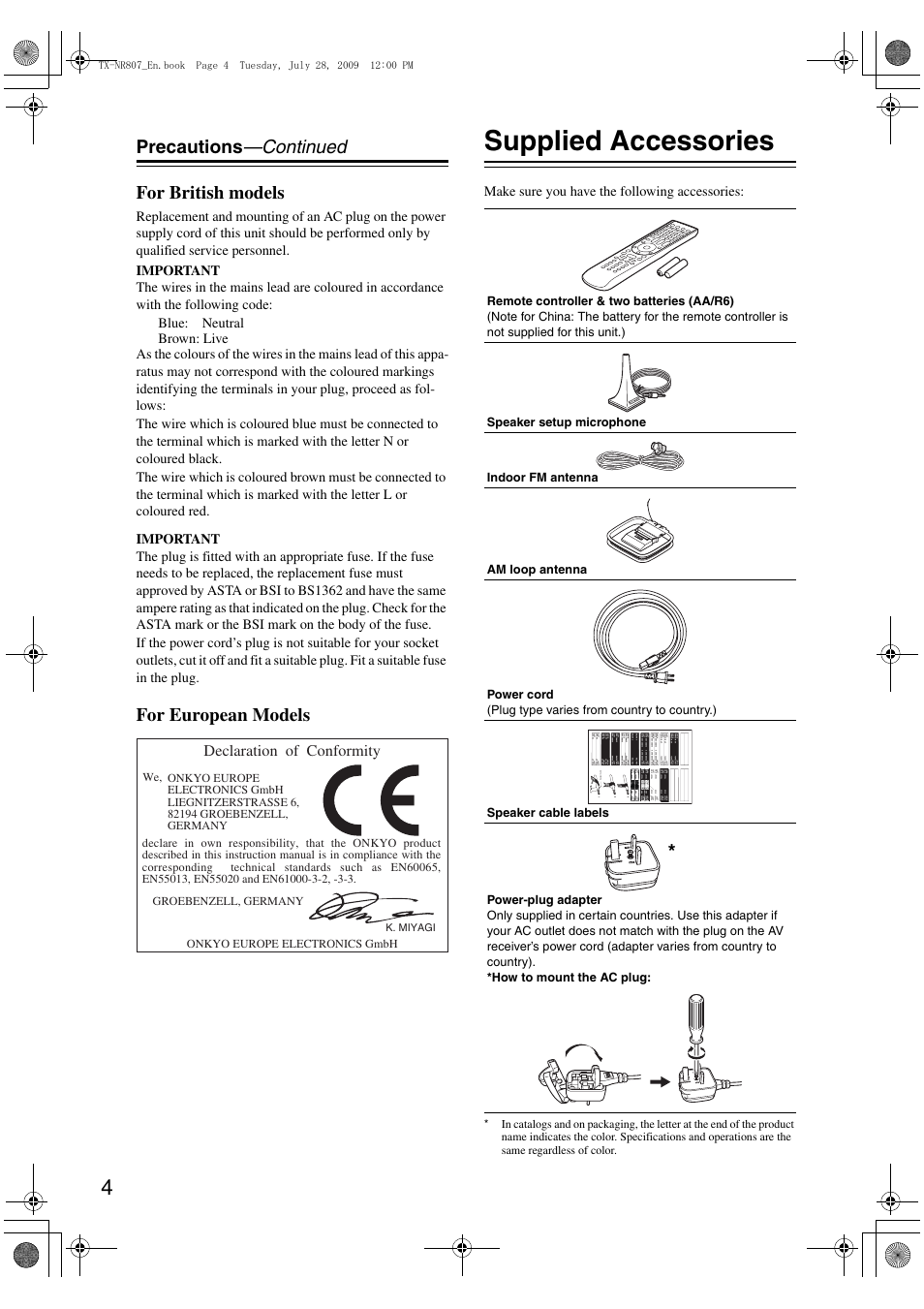 Supplied accessories, Precautions —continued for british models, For european models | Onkyo HT-RC180 User Manual | Page 4 / 148