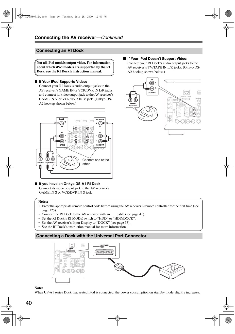 Connecting an ri dock, Connecting the av receiver —continued | Onkyo HT-RC180 User Manual | Page 40 / 148