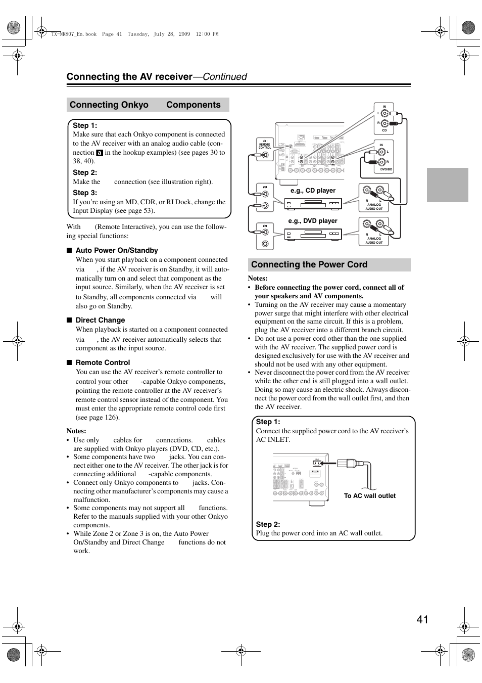 Connecting onkyo ri components, Connecting the power cord, Connecting onkyo | Connecting the av receiver —continued, Connecting onkyo components | Onkyo HT-RC180 User Manual | Page 41 / 148