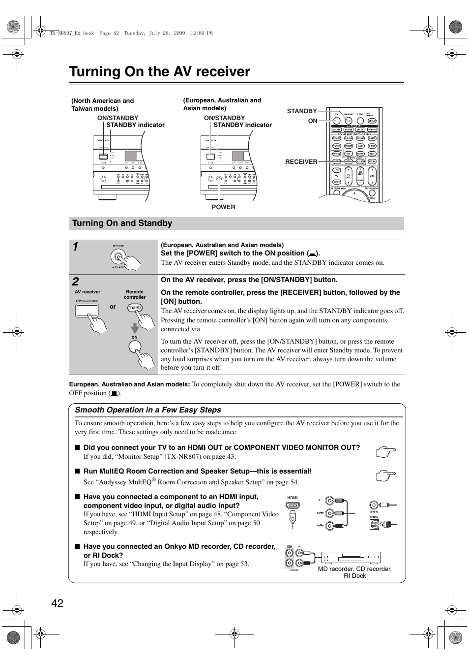 Turning on the av receiver, Turning on and standby | Onkyo HT-RC180 User Manual | Page 42 / 148