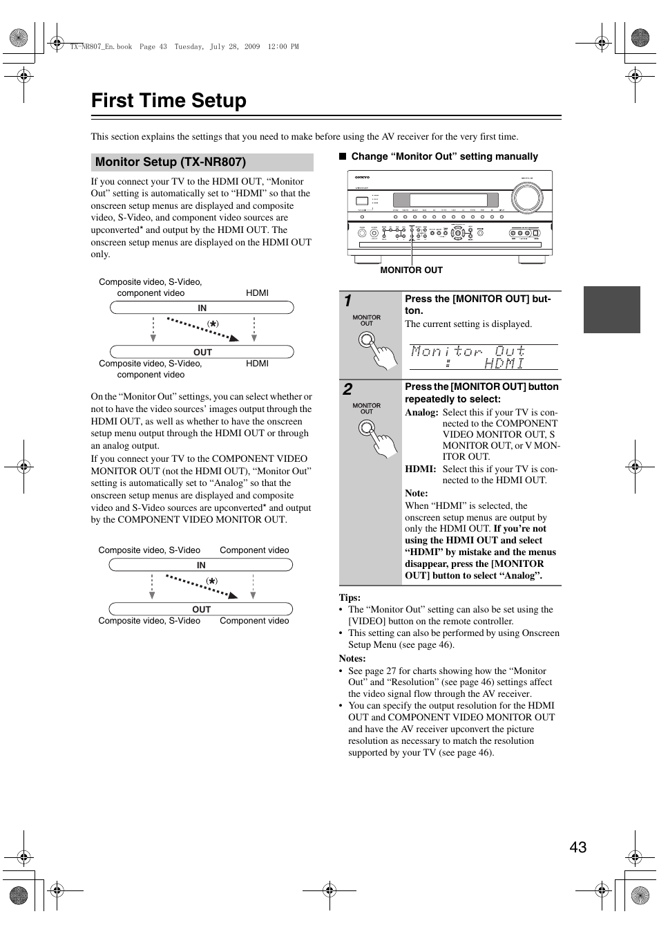 First time setup, Monitor setup (tx-nr807), Tton (4 | Monito | Onkyo HT-RC180 User Manual | Page 43 / 148