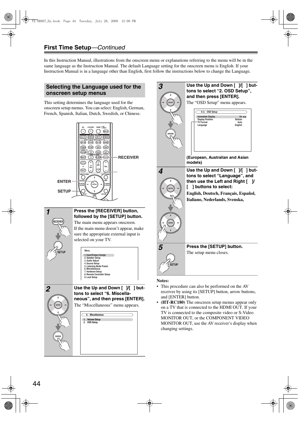 First time setup —continued | Onkyo HT-RC180 User Manual | Page 44 / 148