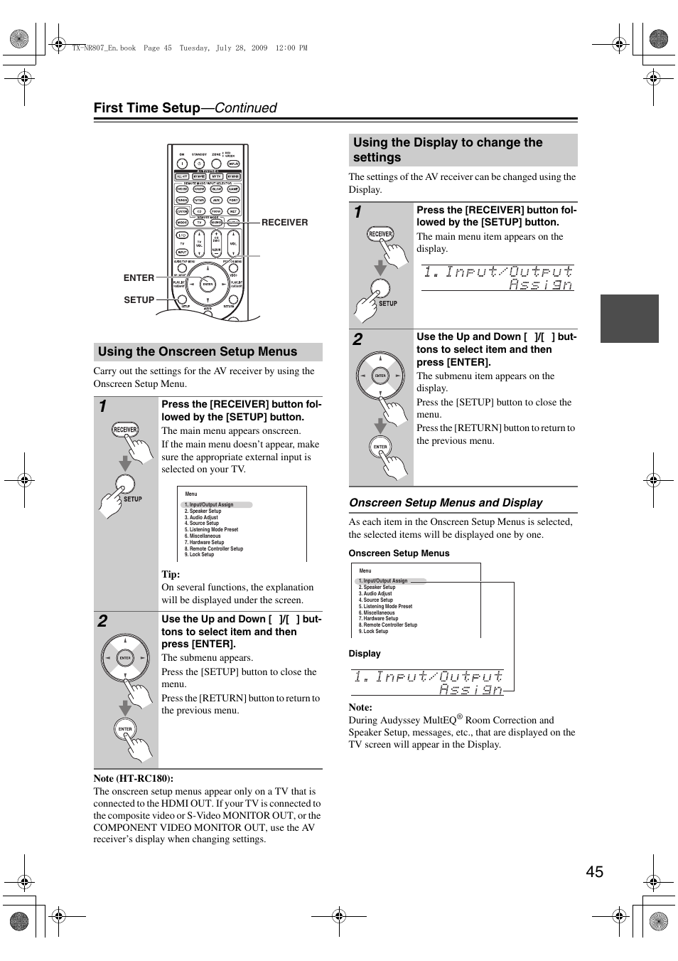 Using the onscreen setup menus, Using the display to change the settings, First time setup —continued | Onkyo HT-RC180 User Manual | Page 45 / 148