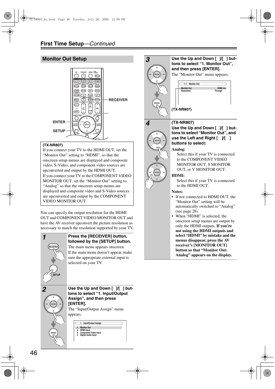 Monitor out setup, First time setup —continued | Onkyo HT-RC180 User Manual | Page 46 / 148