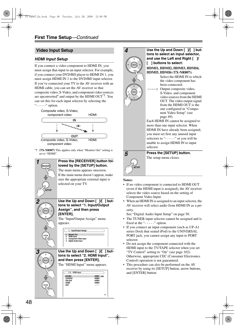 Video input setup, First time setup —continued | Onkyo HT-RC180 User Manual | Page 48 / 148