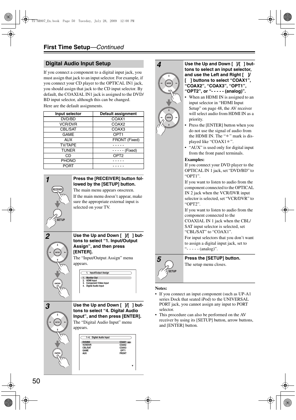 Digital audio input setup, First time setup —continued | Onkyo HT-RC180 User Manual | Page 50 / 148