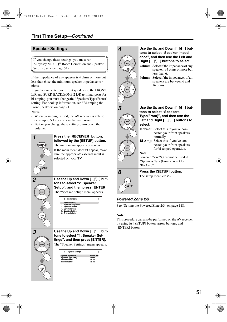 Speaker settings, First time setup —continued | Onkyo HT-RC180 User Manual | Page 51 / 148