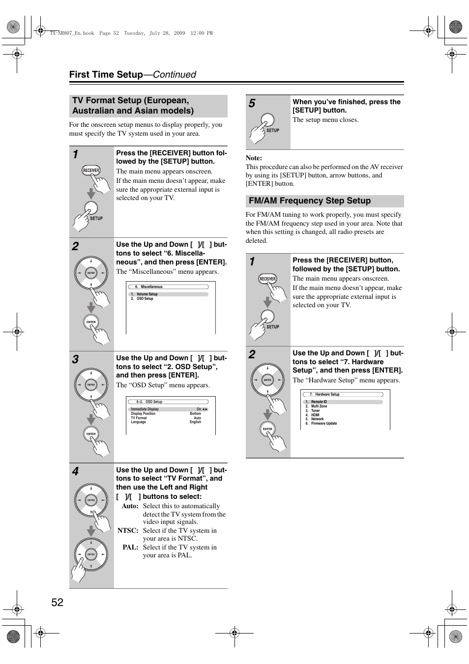 Fm/am frequency step setup, First time setup —continued | Onkyo HT-RC180 User Manual | Page 52 / 148