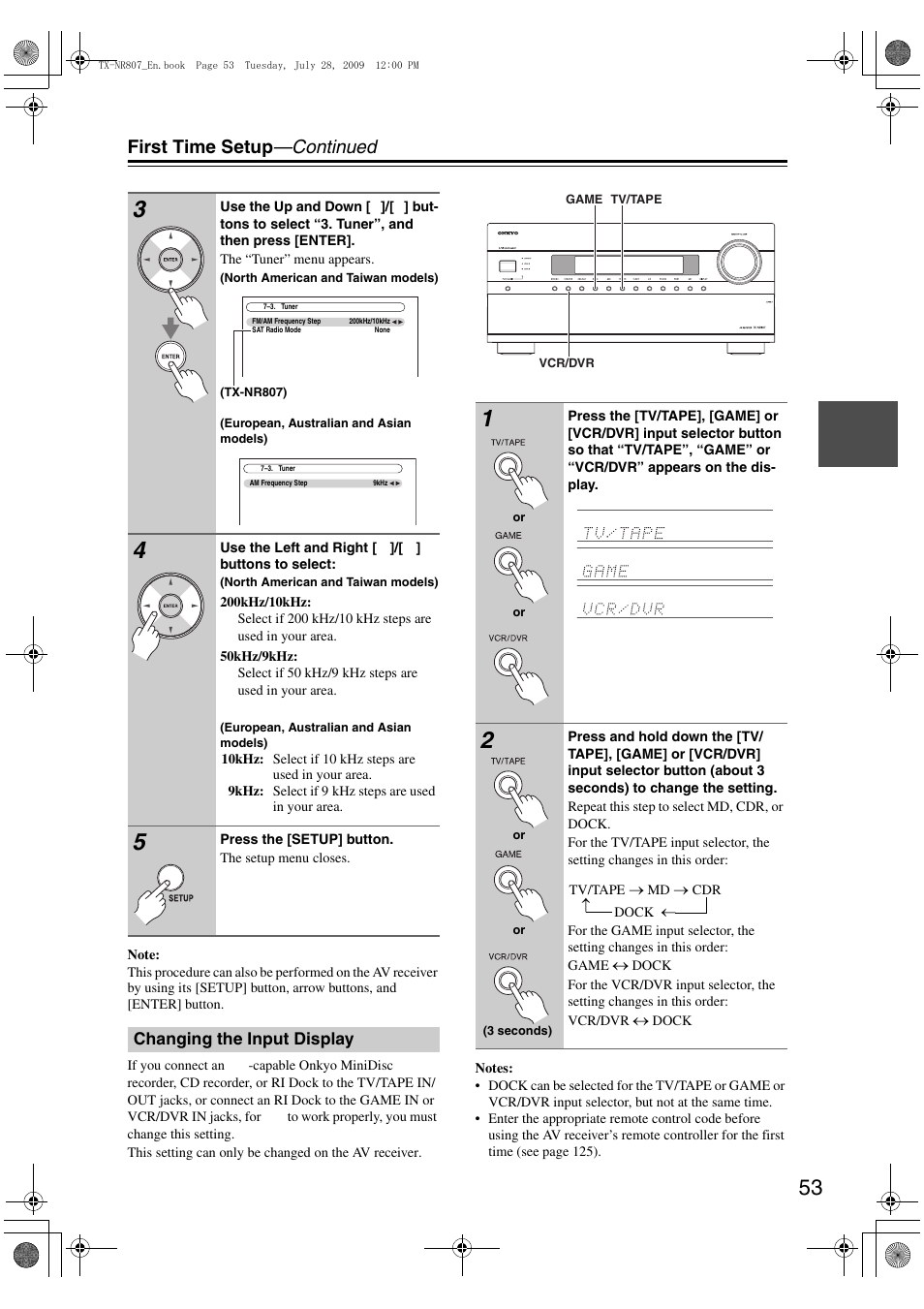 Changing the input display, First time setup —continued | Onkyo HT-RC180 User Manual | Page 53 / 148