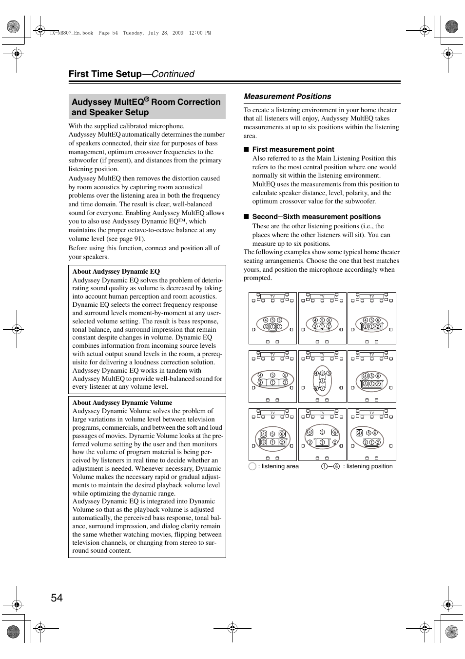 Audyssey multeq, First time setup —continued, Room correction and speaker setup | Onkyo HT-RC180 User Manual | Page 54 / 148