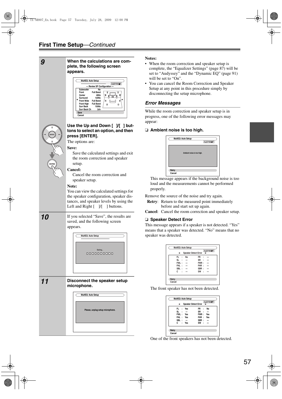 First time setup —continued, Error messages | Onkyo HT-RC180 User Manual | Page 57 / 148