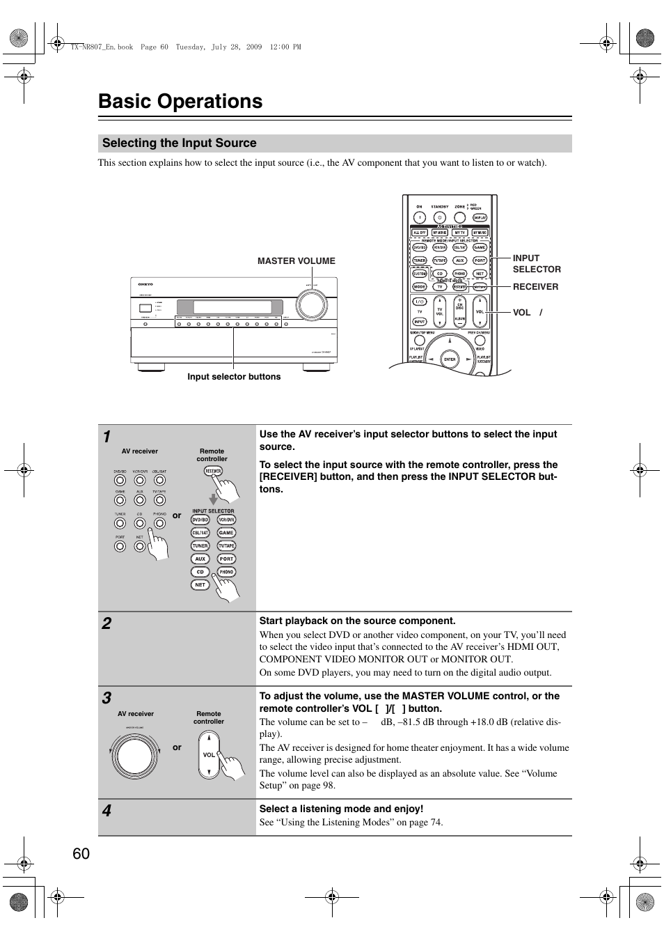 Basic operations, Selecting the input source, Ttons (60) | 60) an | Onkyo HT-RC180 User Manual | Page 60 / 148