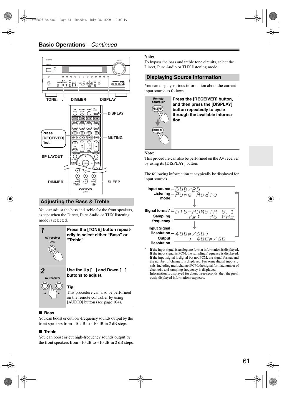 Adjusting the bass & treble, Displaying source information, Tton (61, 121 | Basic operations —continued | Onkyo HT-RC180 User Manual | Page 61 / 148