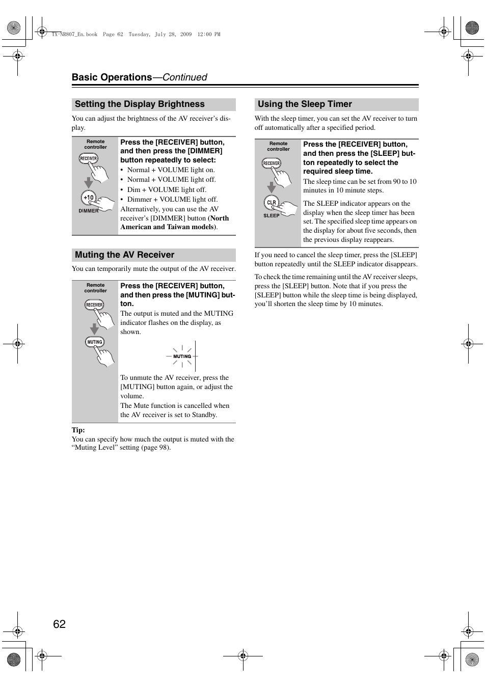 Setting the display brightness, Muting the av receiver, Using the sleep timer | Muting indicator (62), Basic operations —continued | Onkyo HT-RC180 User Manual | Page 62 / 148