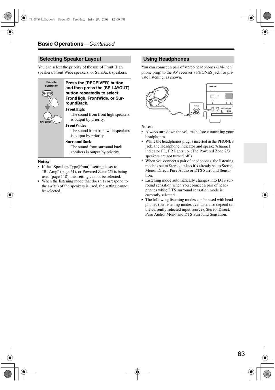 Selecting speaker layout, Using headphones, Selecting speaker layout using headphones | Tor (63), Basic operations —continued | Onkyo HT-RC180 User Manual | Page 63 / 148