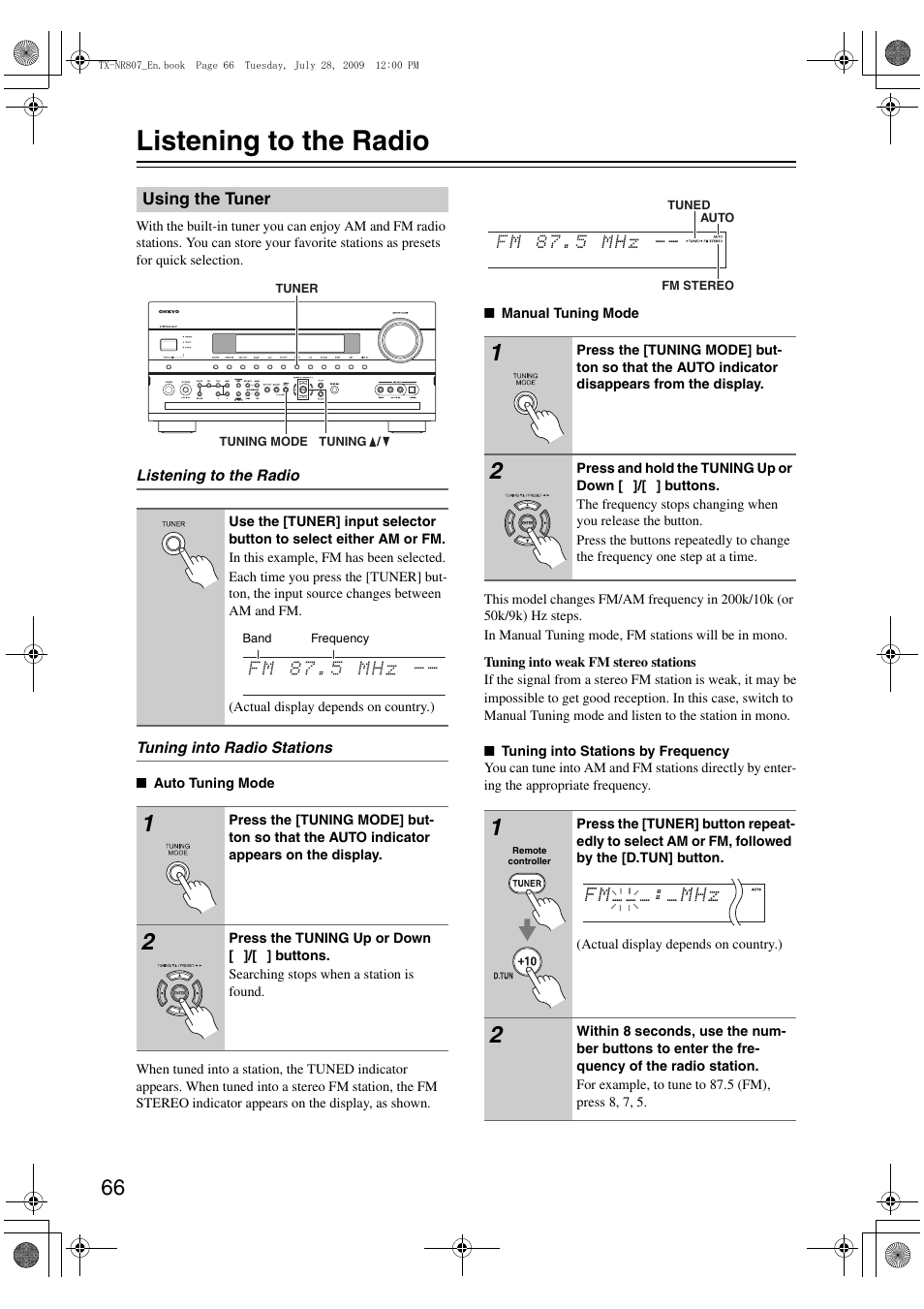 Listening to the radio, Using the tuner, Tuned (66 | Ttons (66 | Onkyo HT-RC180 User Manual | Page 66 / 148