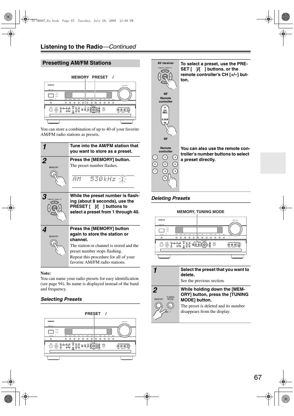 Presetting am/fm stations, Tton (67), Listening to the radio —continued | Onkyo HT-RC180 User Manual | Page 67 / 148