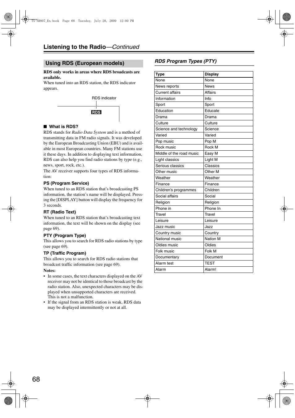 Using rds (european models), Opean models) (68), Listening to the radio —continued | Onkyo HT-RC180 User Manual | Page 68 / 148