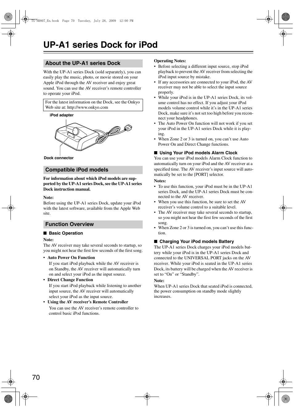 Up-a1 series dock for ipod, About the up-a1 series dock, Compatible ipod models | Function overview | Onkyo HT-RC180 User Manual | Page 70 / 148