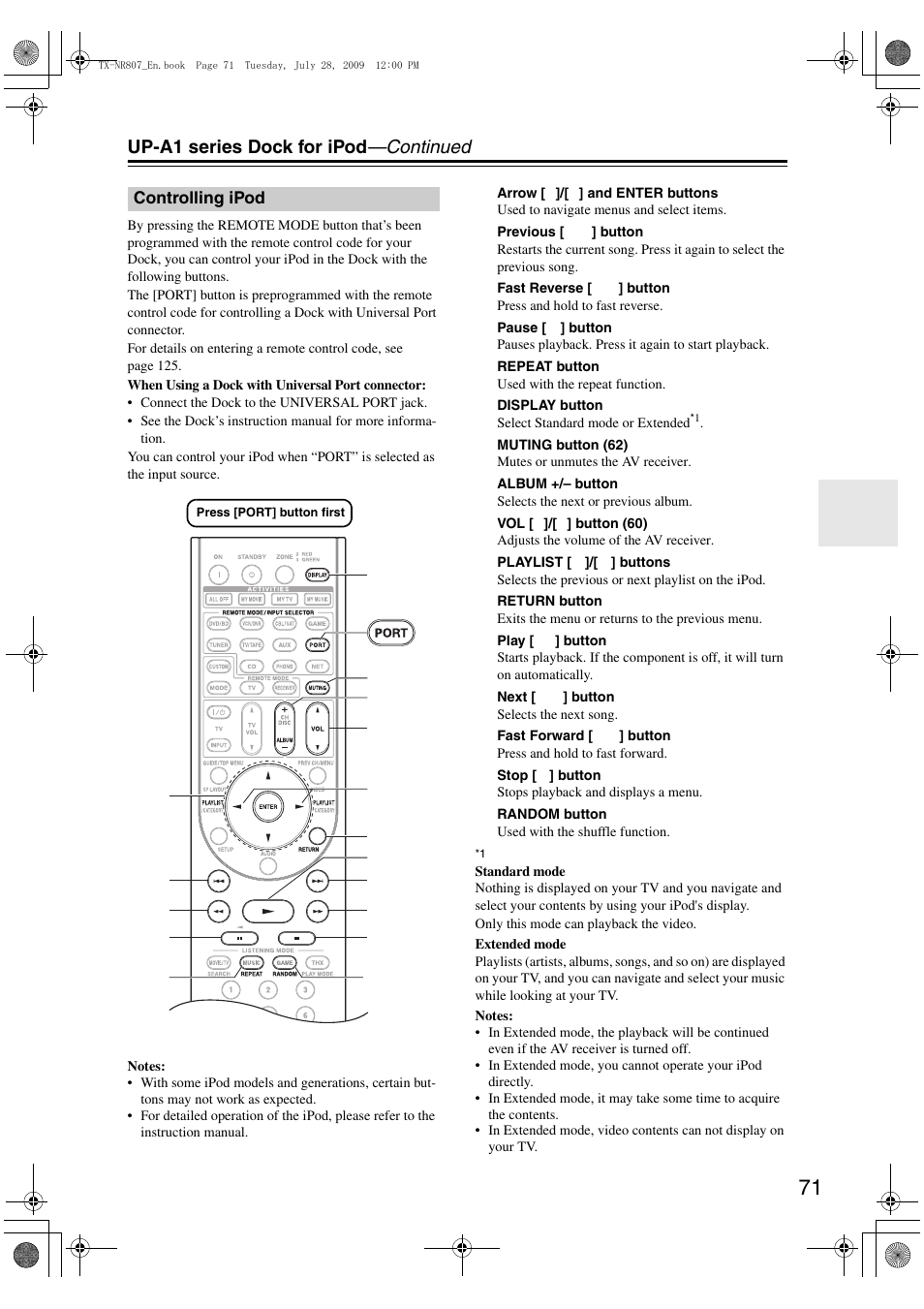 Controlling ipod, Up-a1 series dock for ipod —continued | Onkyo HT-RC180 User Manual | Page 71 / 148