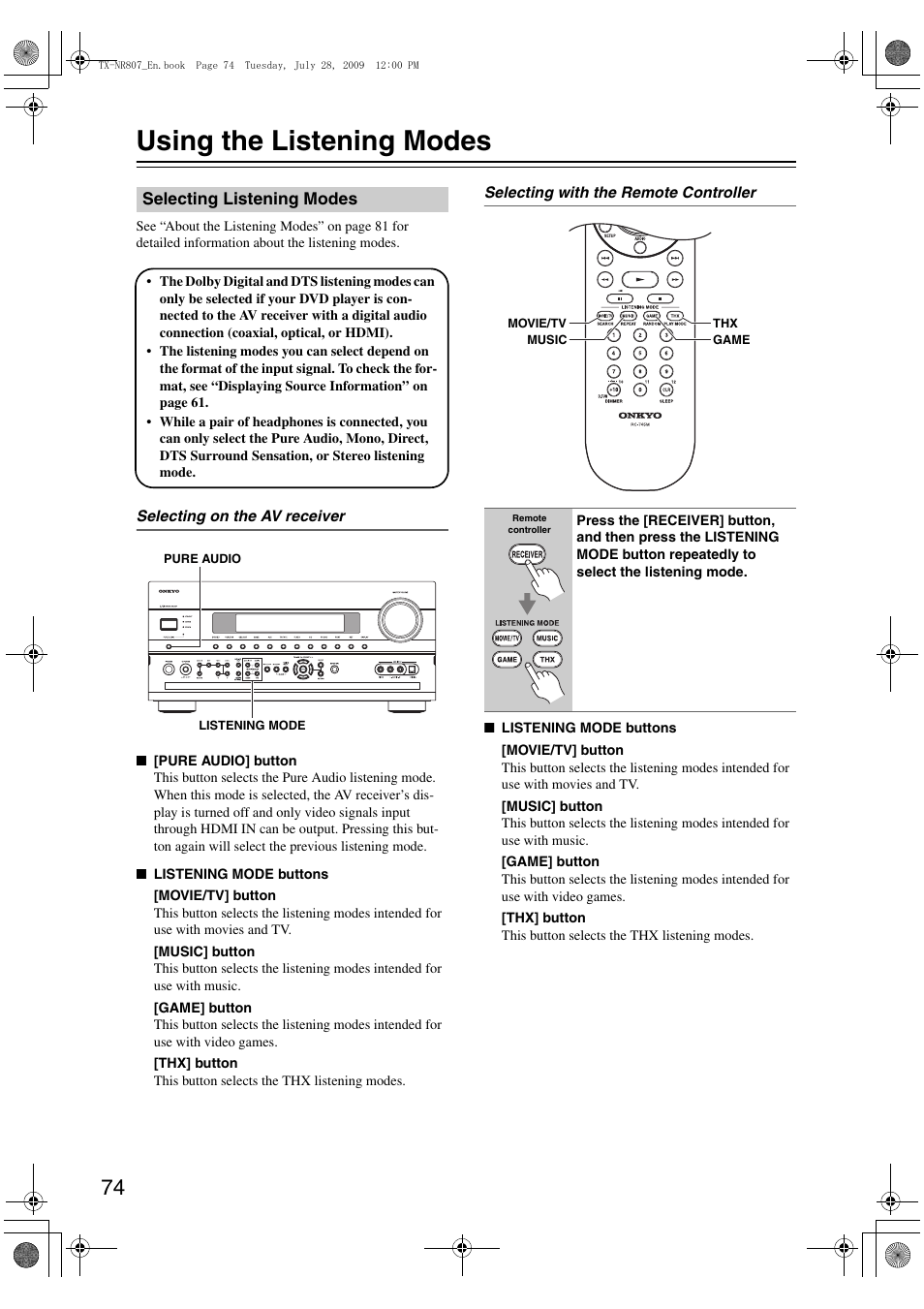 Using the listening modes, Selecting listening modes, Tor (74) | Ttons (74), S (74) | Onkyo HT-RC180 User Manual | Page 74 / 148