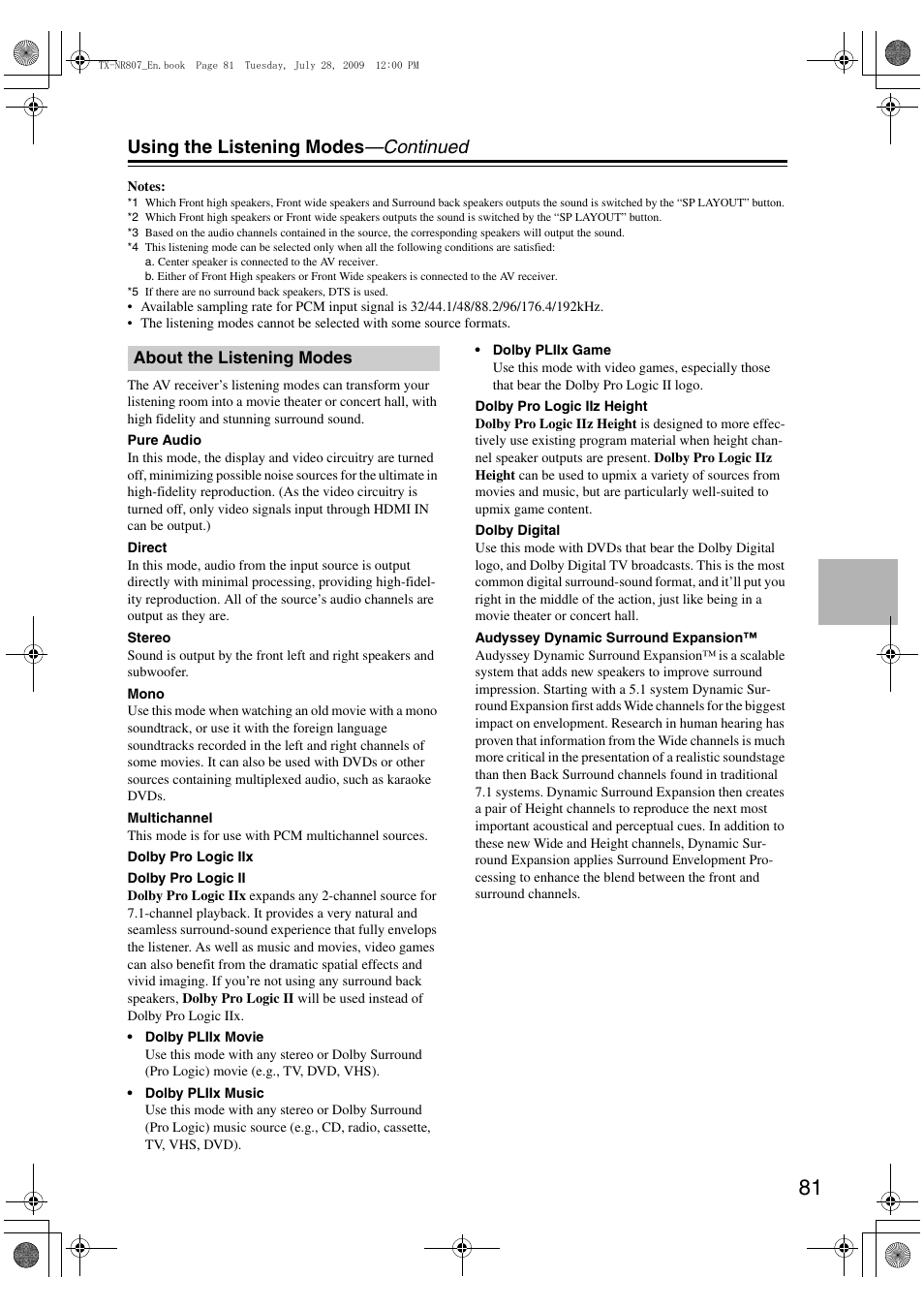 About the listening modes, Using the listening modes —continued | Onkyo HT-RC180 User Manual | Page 81 / 148