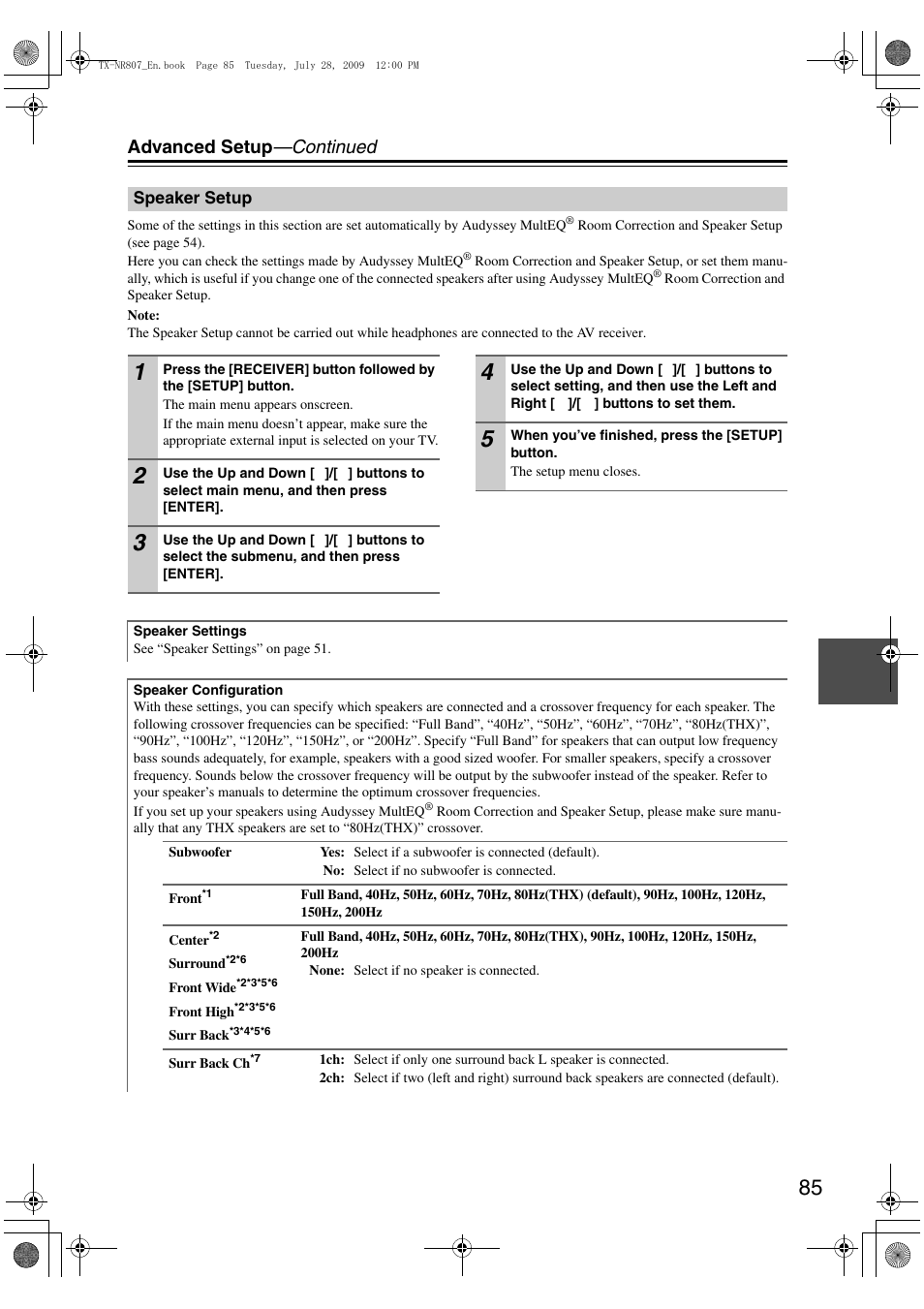 Speaker setup, Speaker config- uration, E “speaker configu- ration | Advanced setup —continued | Onkyo HT-RC180 User Manual | Page 85 / 148