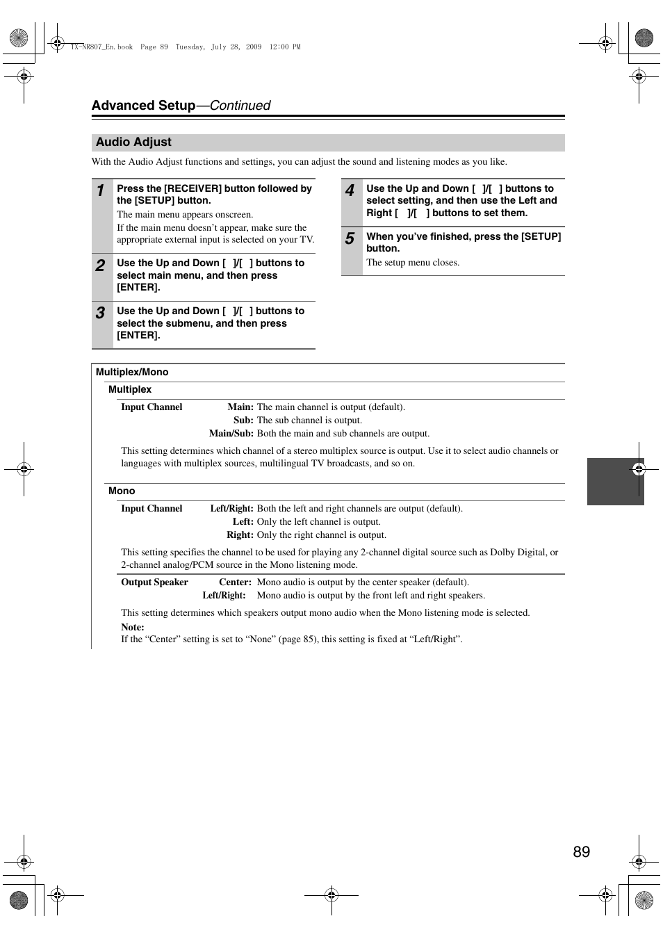 Audio adjust | Onkyo HT-RC180 User Manual | Page 89 / 148