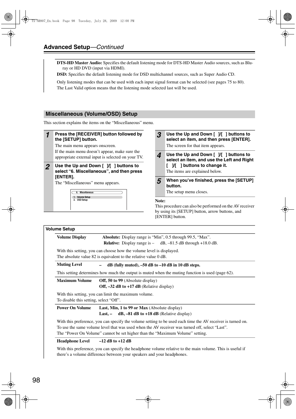 Miscellaneous (volume/osd) setup, Advanced setup —continued | Onkyo HT-RC180 User Manual | Page 98 / 148