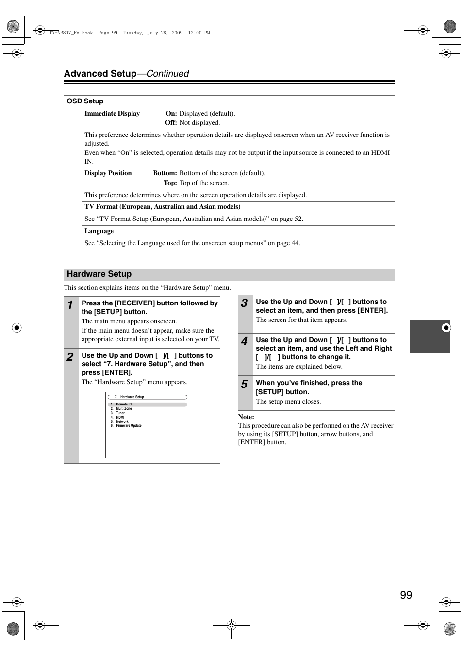 Hardware setup, Advanced setup —continued | Onkyo HT-RC180 User Manual | Page 99 / 148