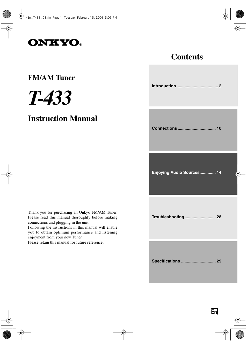 Onkyo T-433 User Manual | 32 pages