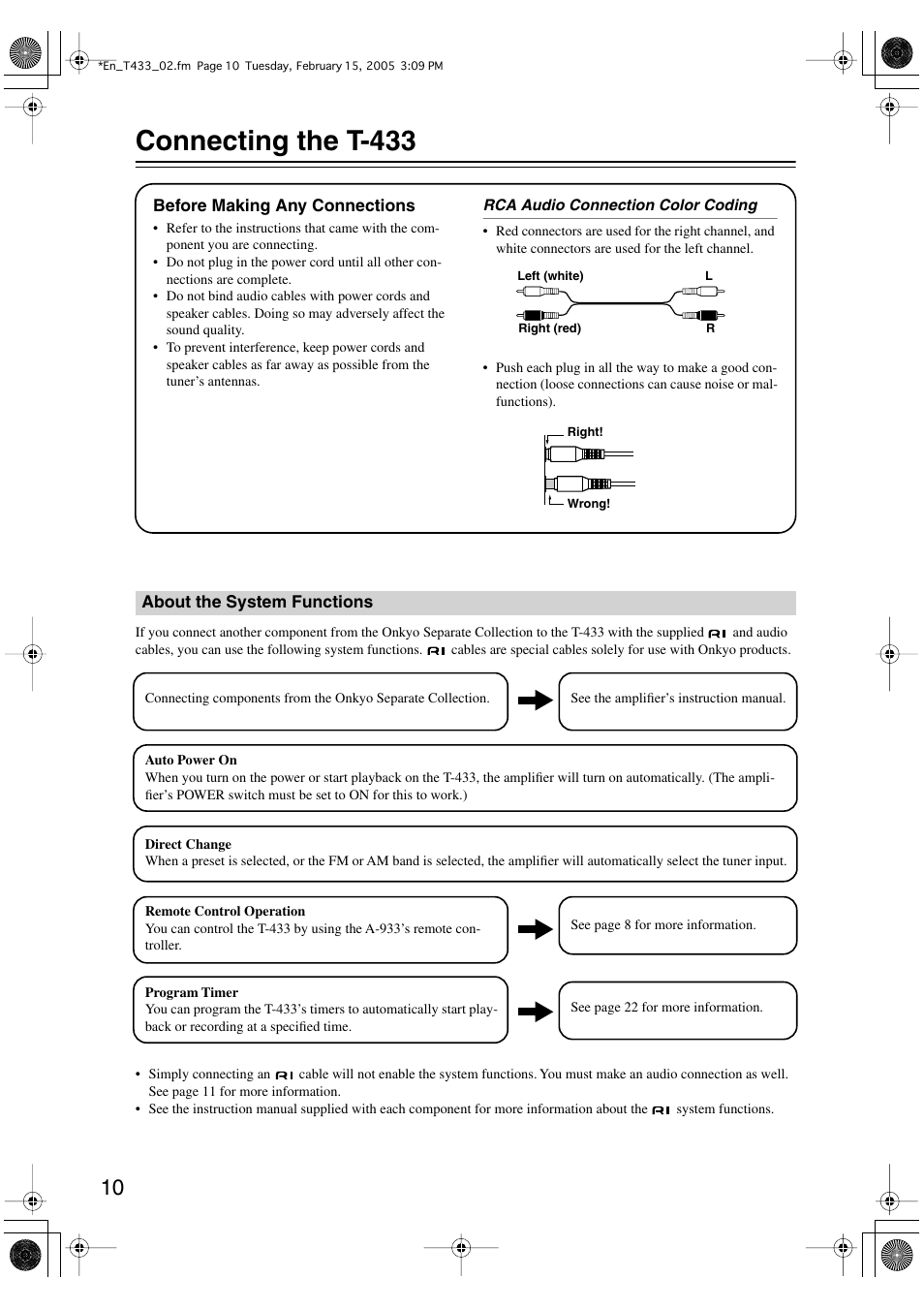 Connecting the t-433 | Onkyo T-433 User Manual | Page 10 / 32