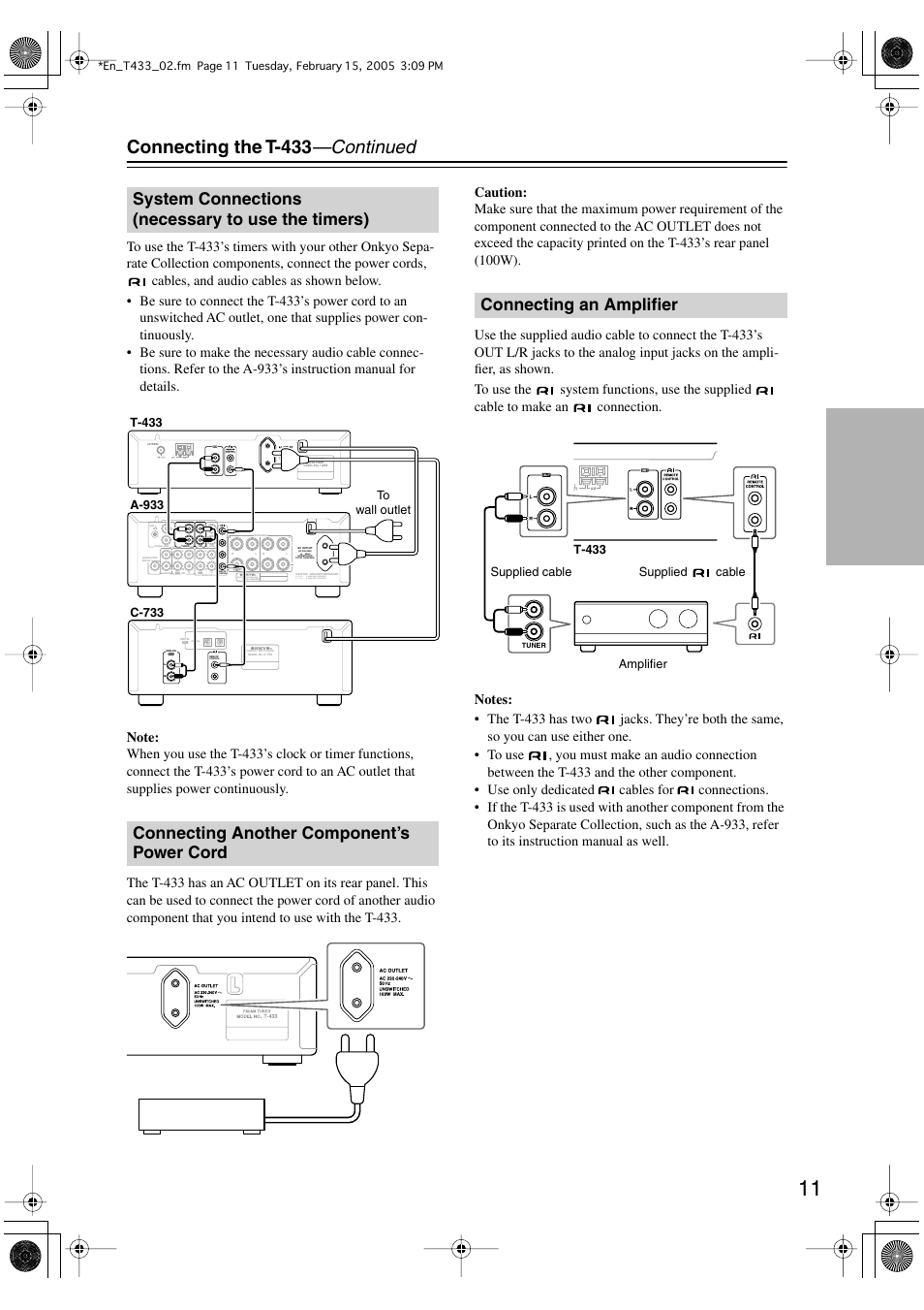 Connecting the t-433 —continued, Connecting an amplifier, Integrated amplifier | T-433, Supplied cable, Supplied cable amplifier | Onkyo T-433 User Manual | Page 11 / 32