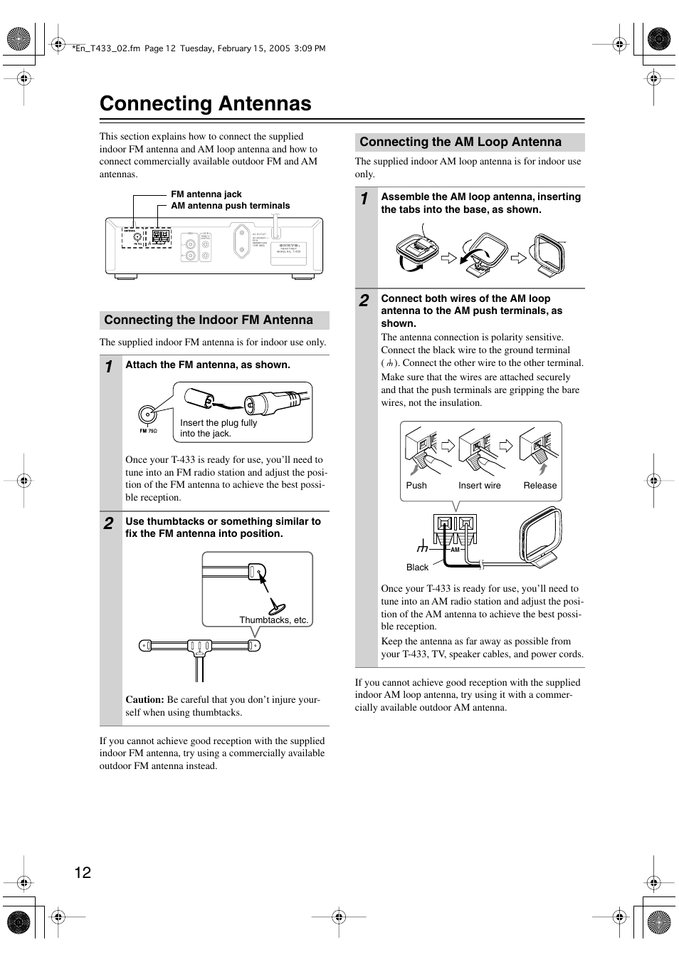 Connecting antennas | Onkyo T-433 User Manual | Page 12 / 32