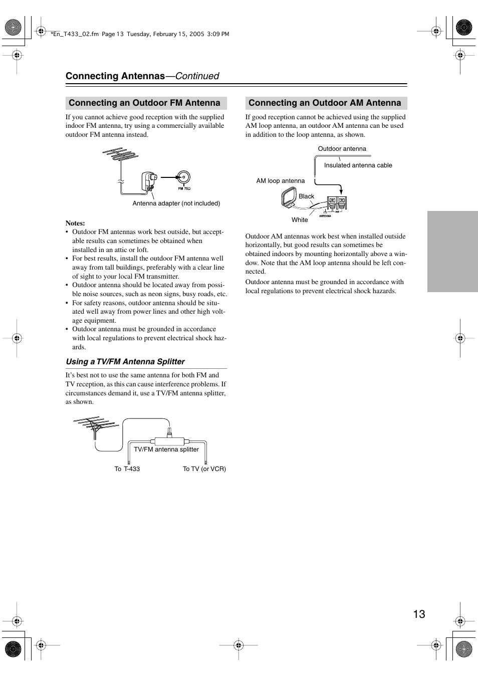 Connecting antennas —continued | Onkyo T-433 User Manual | Page 13 / 32