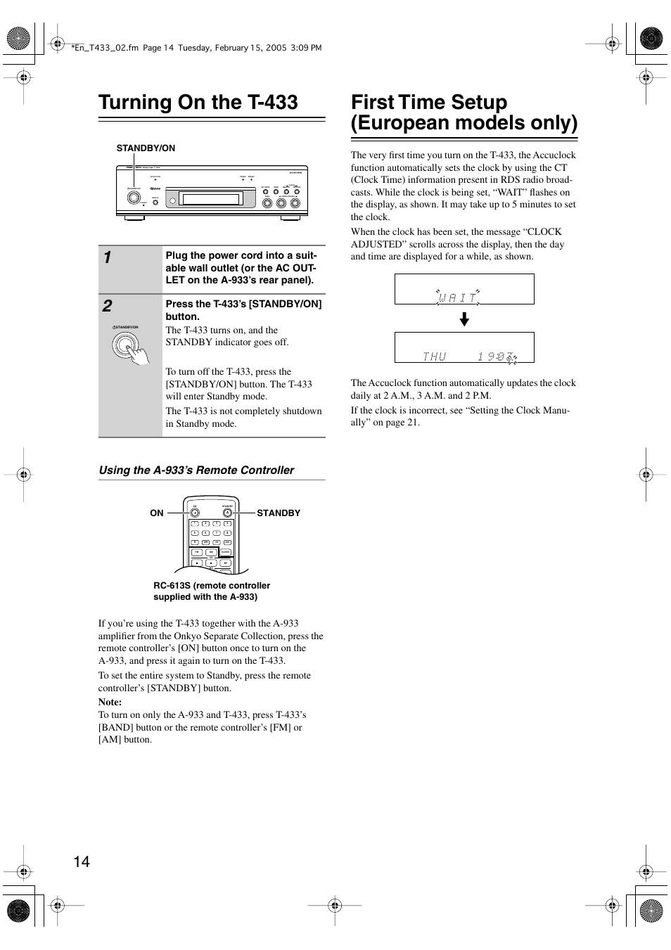 Turning on the t-433, First time setup (european models only), Using the a-933’s remote controller | Onkyo T-433 User Manual | Page 14 / 32