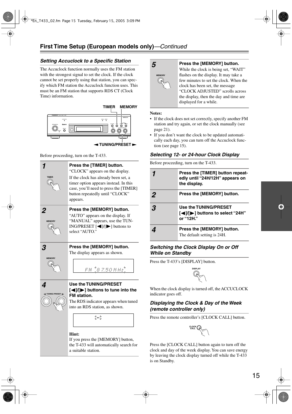 First time setup (european models only) —continued | Onkyo T-433 User Manual | Page 15 / 32