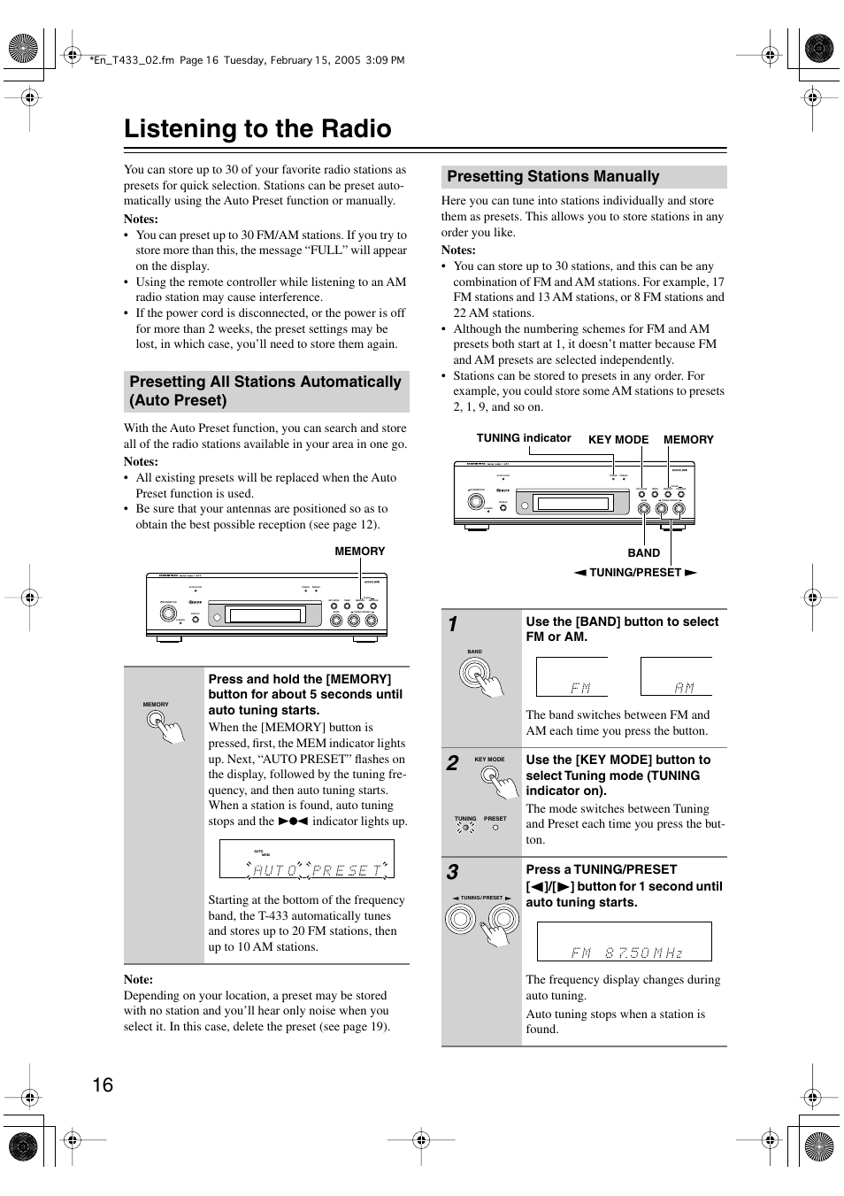 Listening to the radio, Presetting stations manually | Onkyo T-433 User Manual | Page 16 / 32
