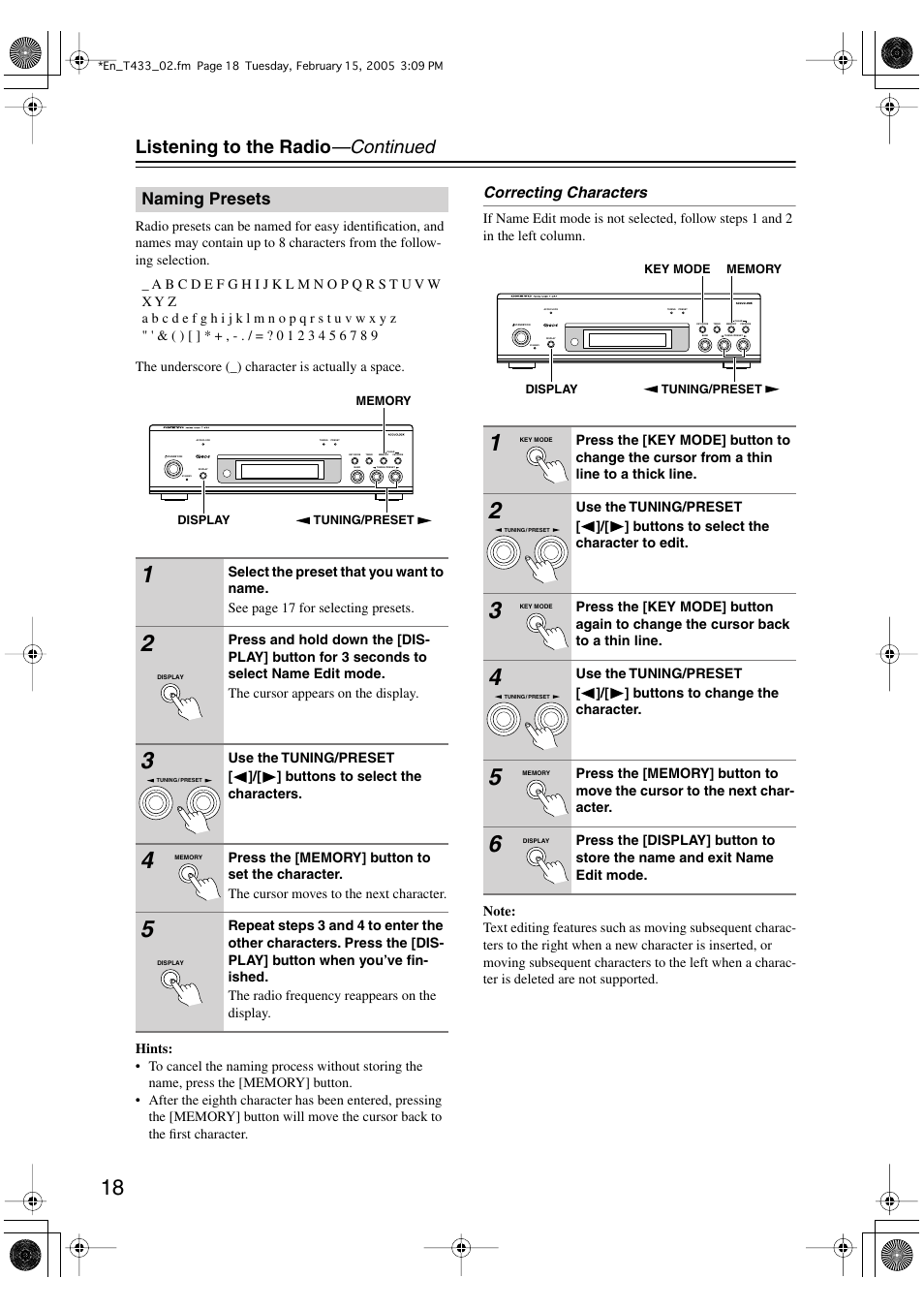 Listening to the radio —continued, Naming presets | Onkyo T-433 User Manual | Page 18 / 32
