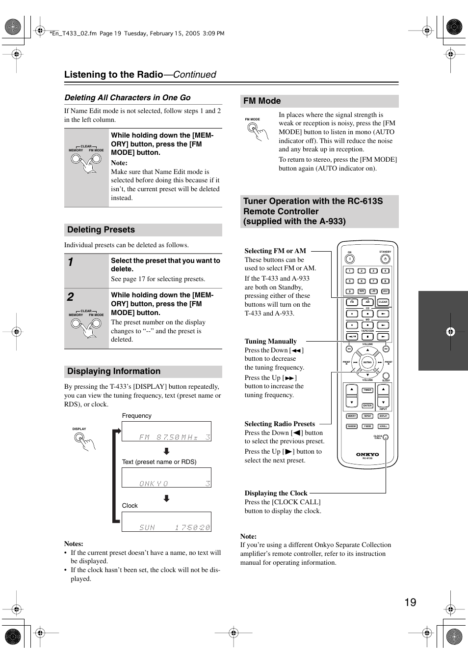 Listening to the radio —continued, Deleting presets, Displaying information | Deleting all characters in one go | Onkyo T-433 User Manual | Page 19 / 32