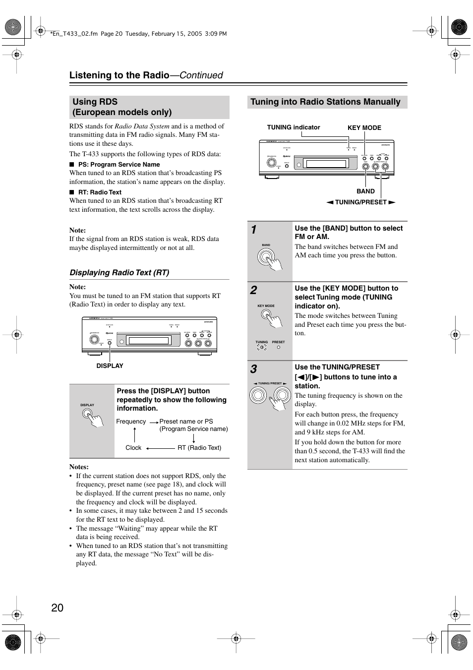 Listening to the radio —continued, Using rds (european models only), Tuning into radio stations manually | Displaying radio text (rt) | Onkyo T-433 User Manual | Page 20 / 32