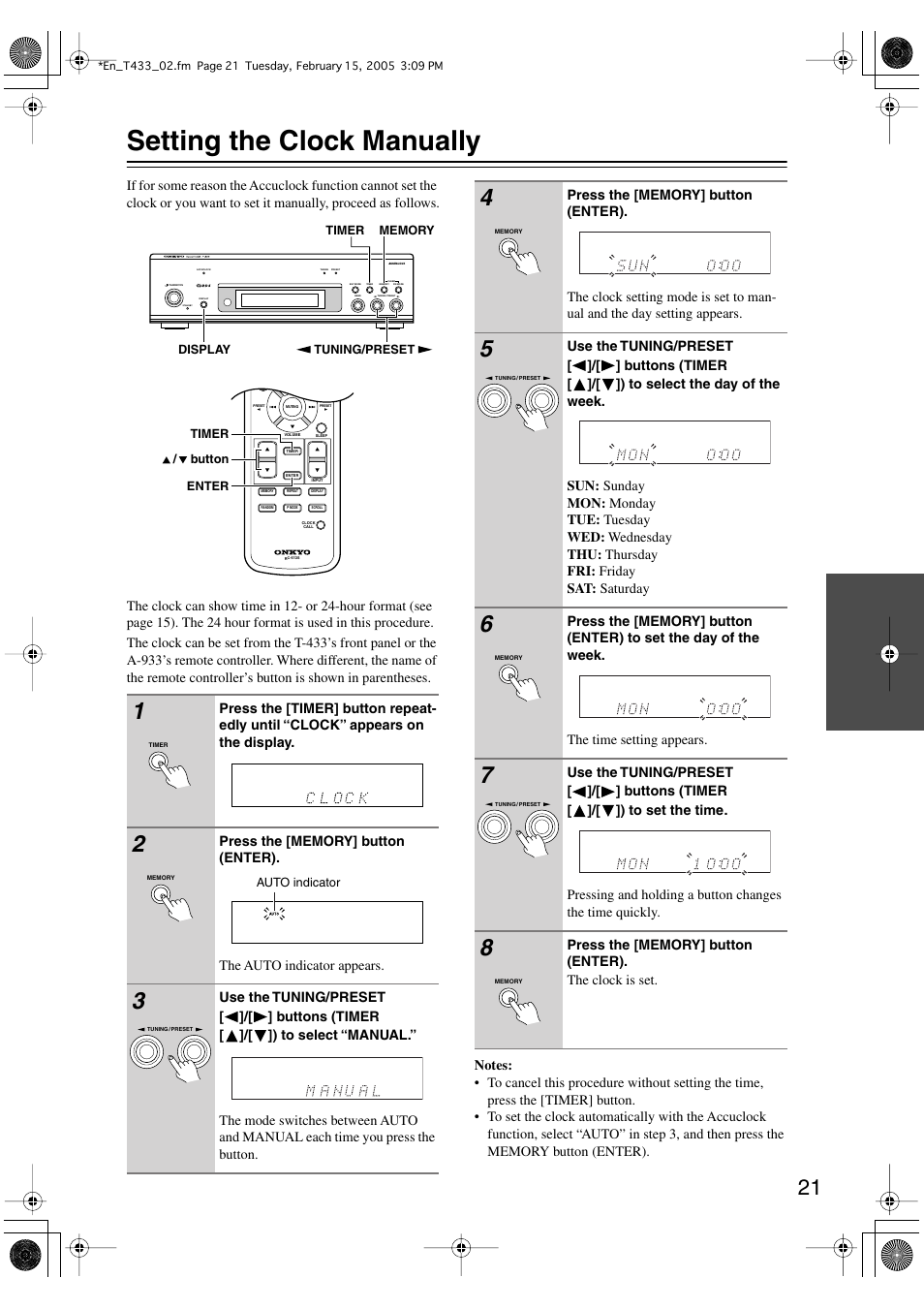 Setting the clock manually | Onkyo T-433 User Manual | Page 21 / 32