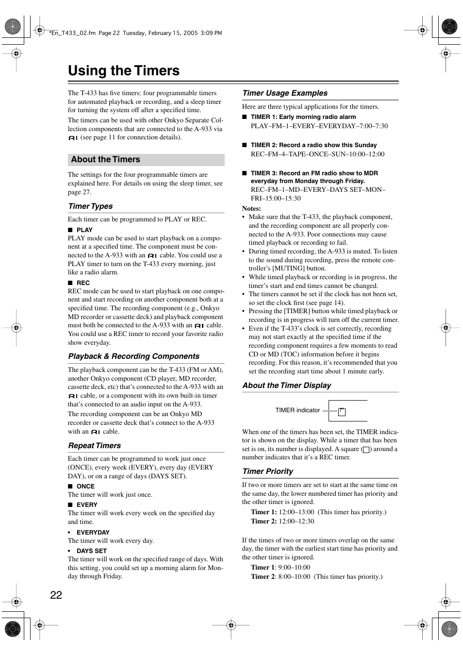 Using the timers | Onkyo T-433 User Manual | Page 22 / 32