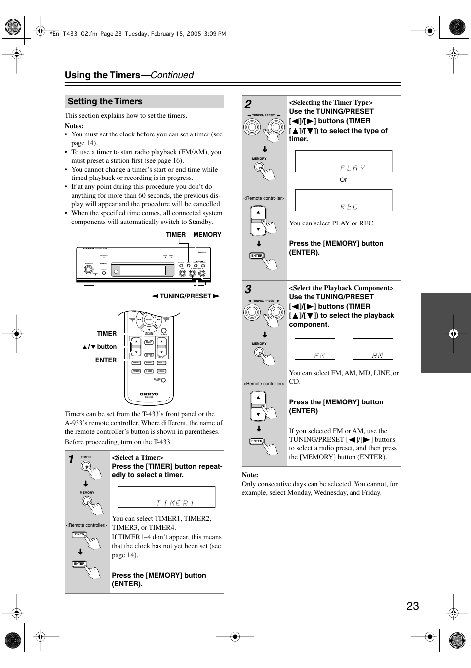 Using the timers —continued, Setting the timers | Onkyo T-433 User Manual | Page 23 / 32