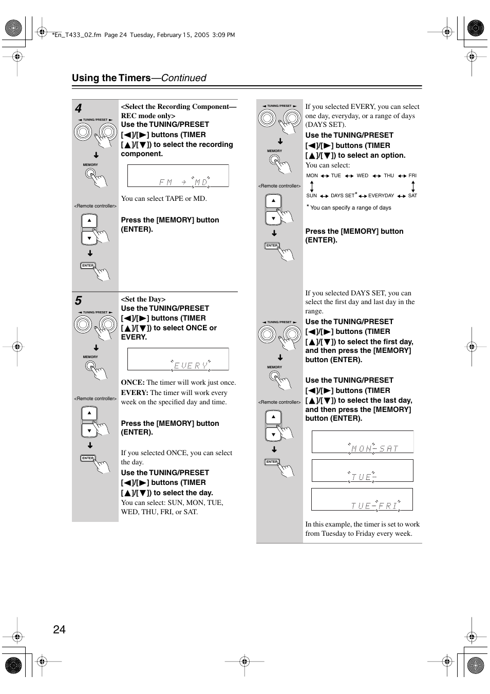 Using the timers —continued | Onkyo T-433 User Manual | Page 24 / 32