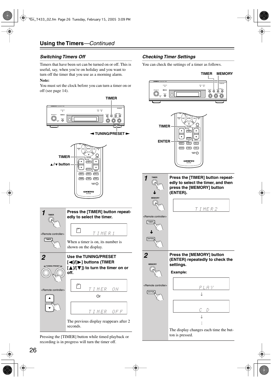 Using the timers —continued, Switching timers off, Checking timer settings | You can check the settings of a timer as follows | Onkyo T-433 User Manual | Page 26 / 32