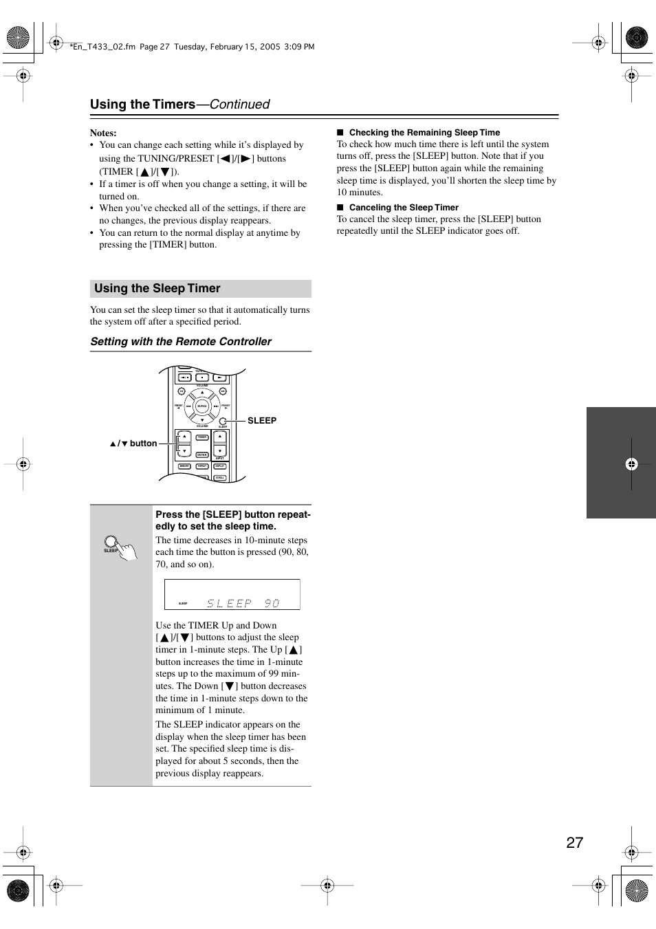 Using the timers —continued, Using the sleep timer, Setting with the remote controller | Onkyo T-433 User Manual | Page 27 / 32